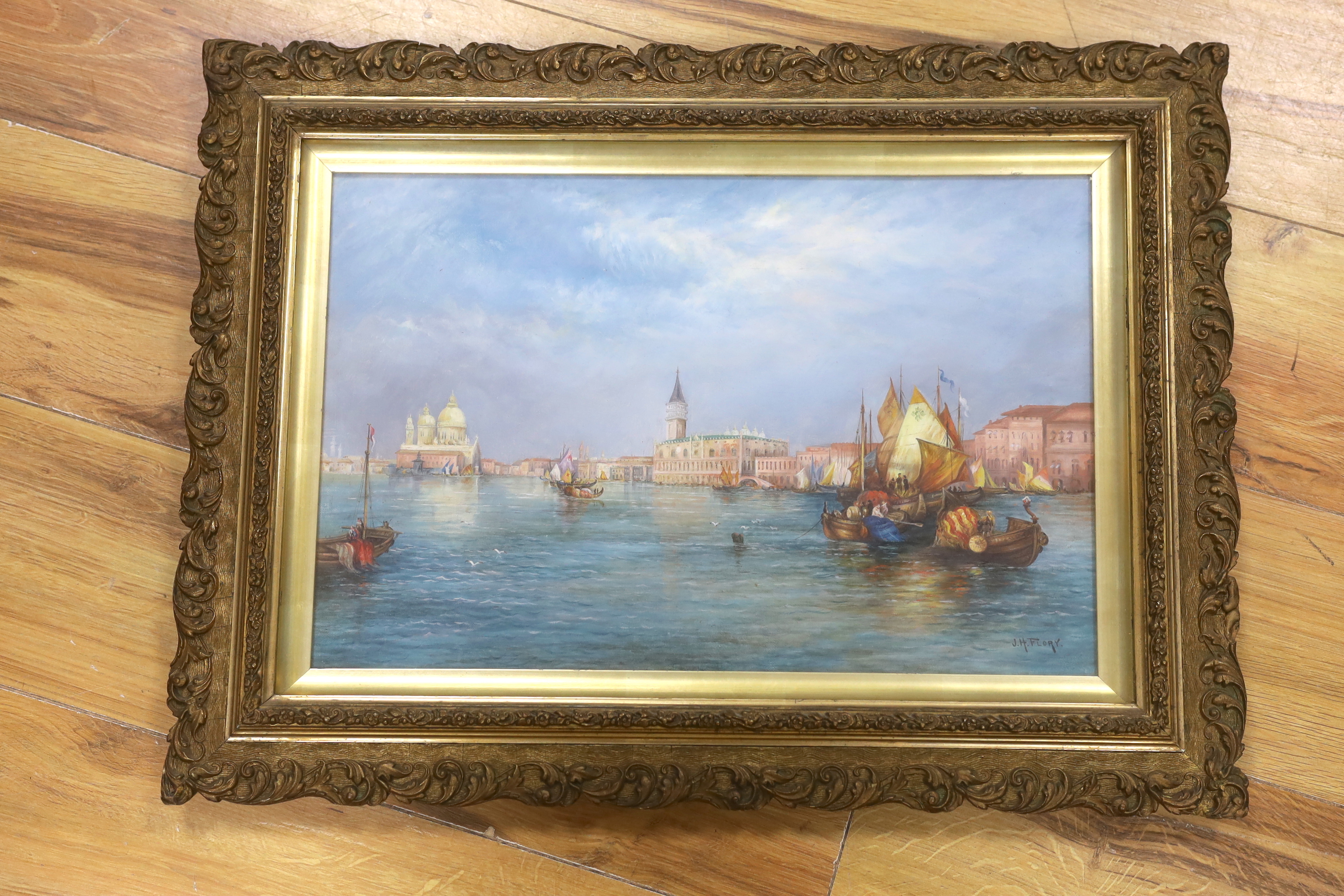 J. H. Flory (19th/20th. C), oil on canvas, Venetian landscape with gondolas, signed, 28 x 43cm